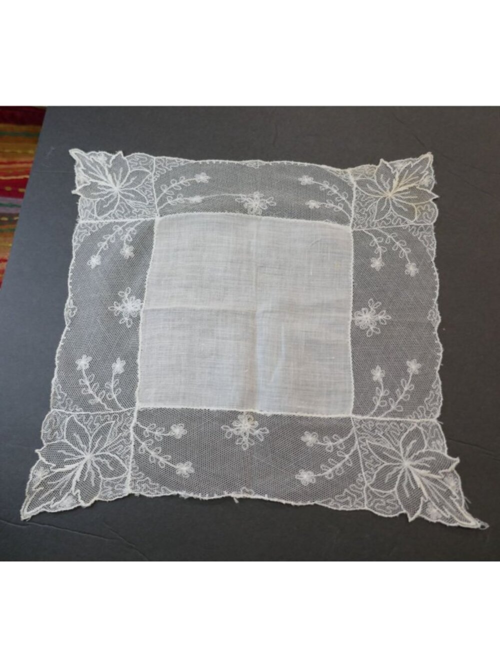 Antique Brussels Lace Handkerchief 11.5" Vintage Bridal Wedding Linen Hankie
